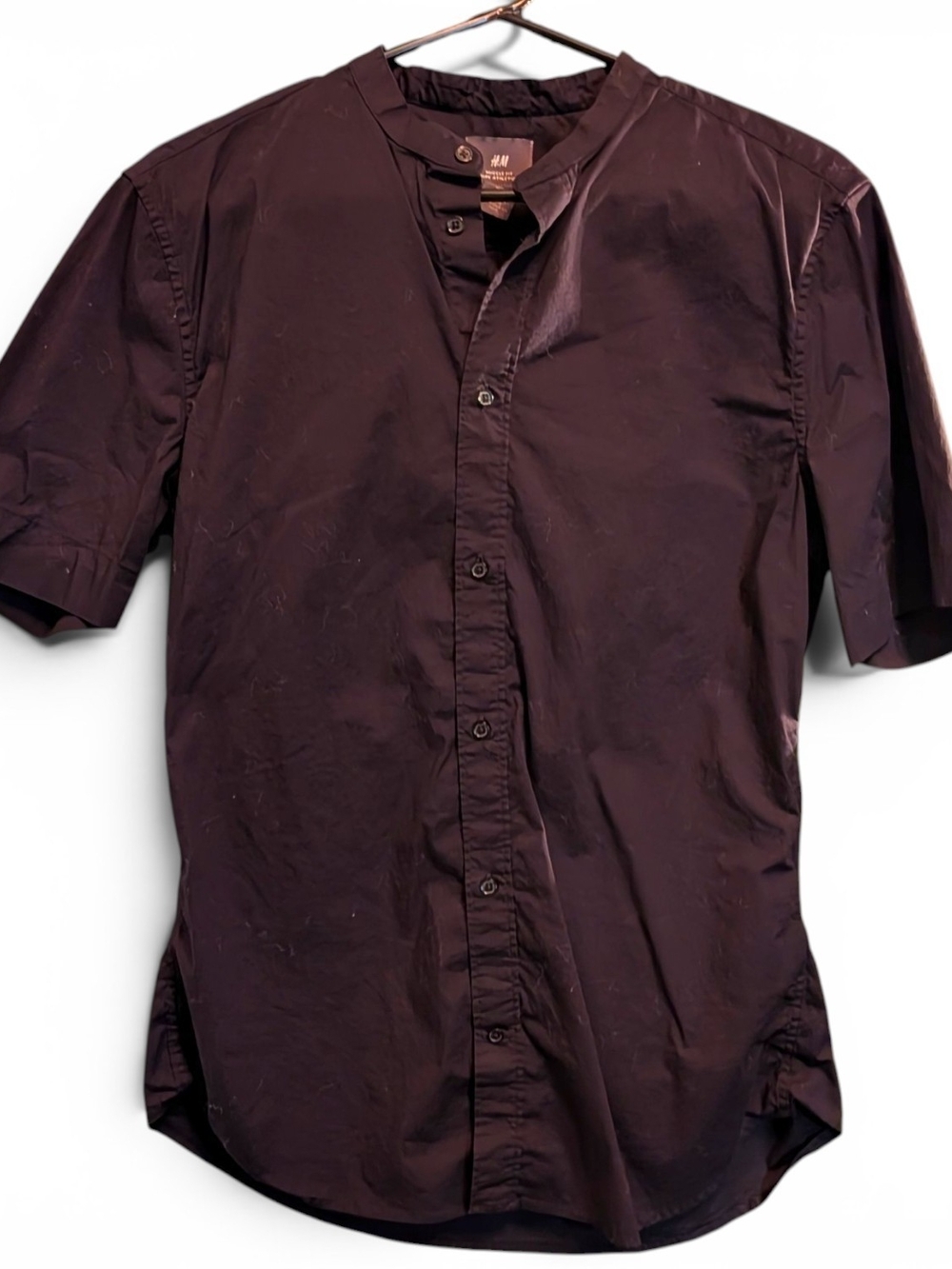 H&M Men's Short Sleeve Band-Collar Muscle Fit Button Shirt Black Med